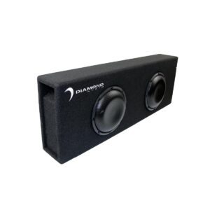 Car subwoofer with dual speakers, black enclosure.