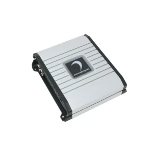 Silver car audio amplifier on white background.