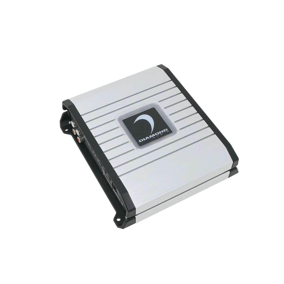 Silver car audio amplifier with logo.