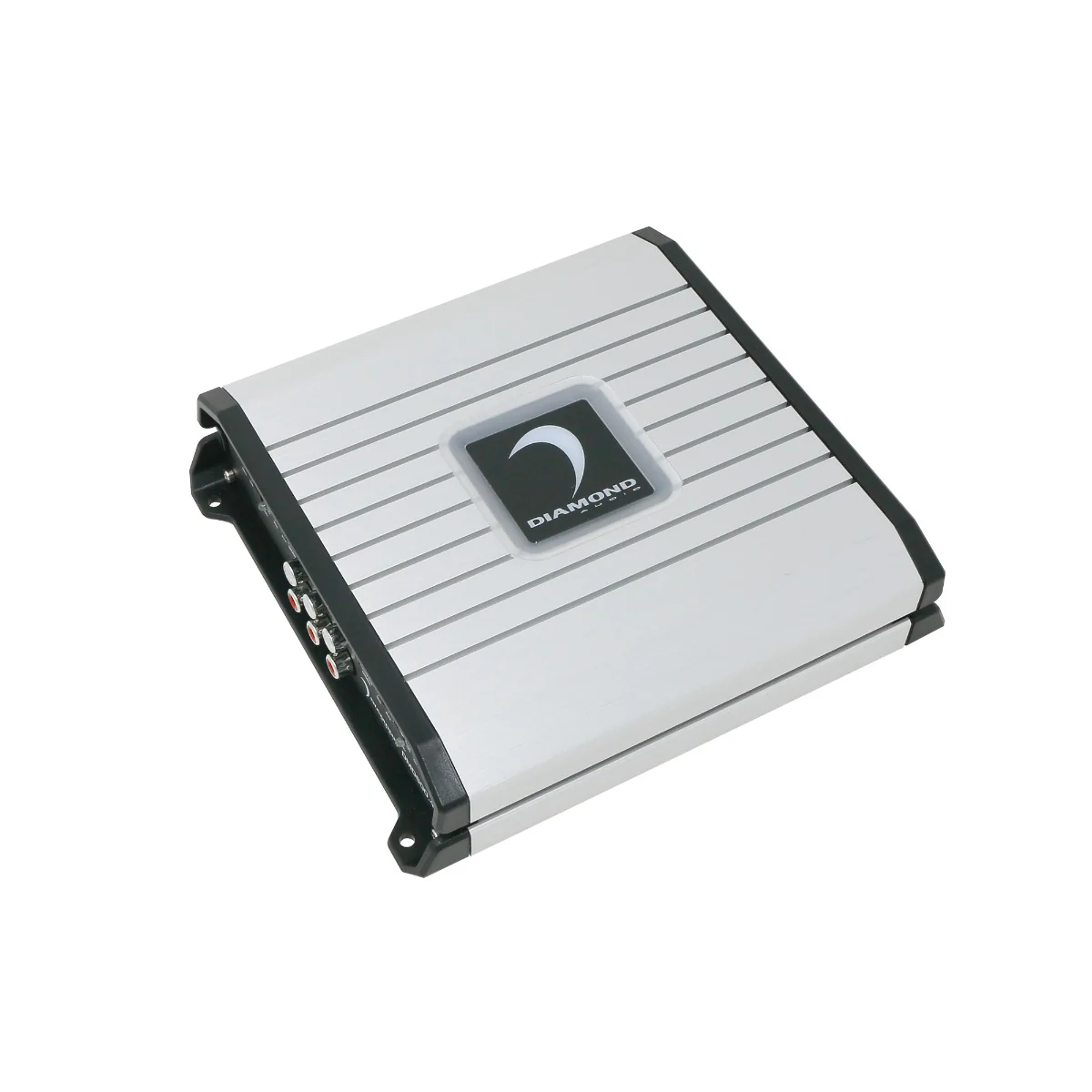 Silver car audio amplifier with logo.