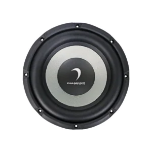 Black and silver round audio speaker front.