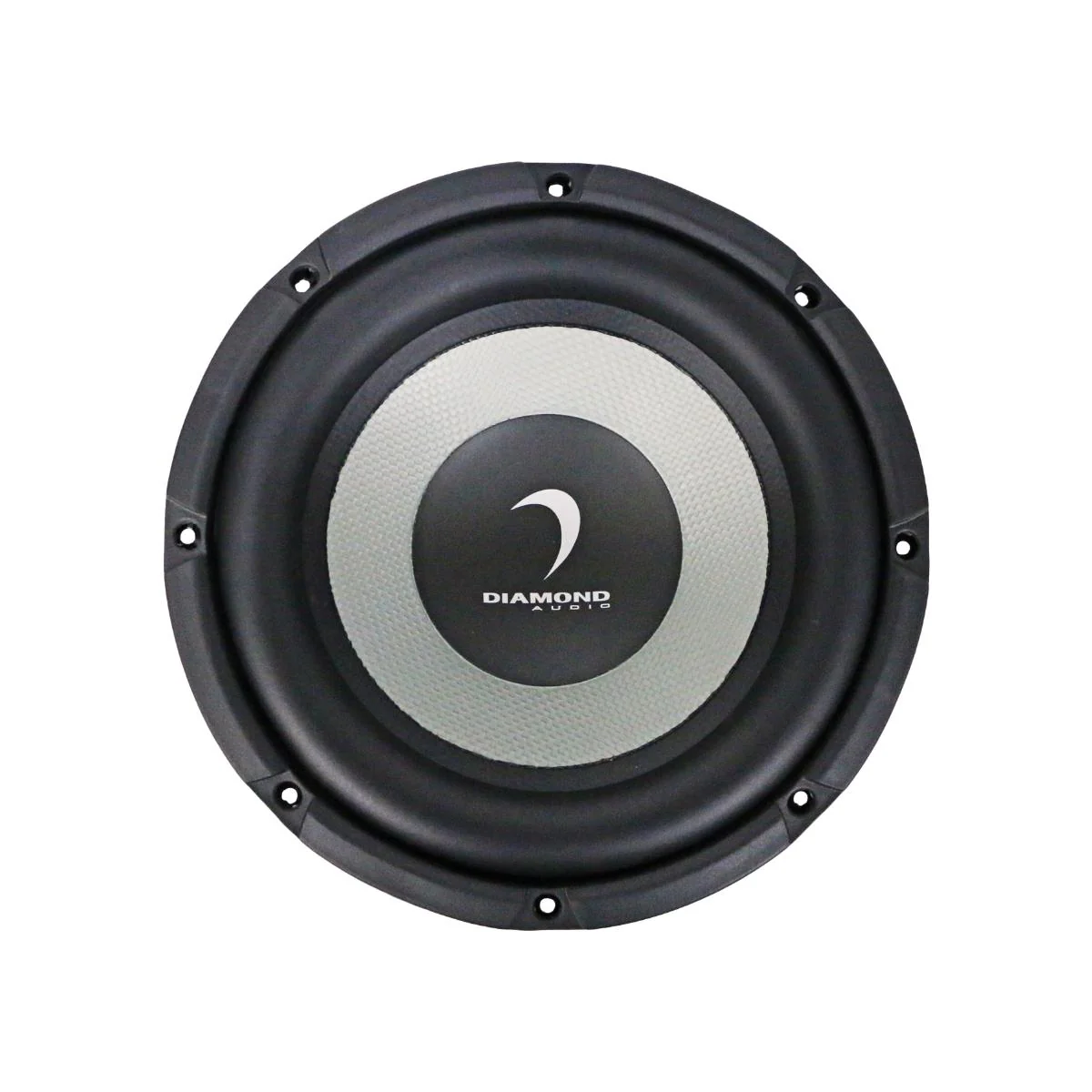 Black and silver round audio speaker front.