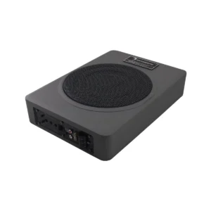 Compact black car subwoofer with connections.