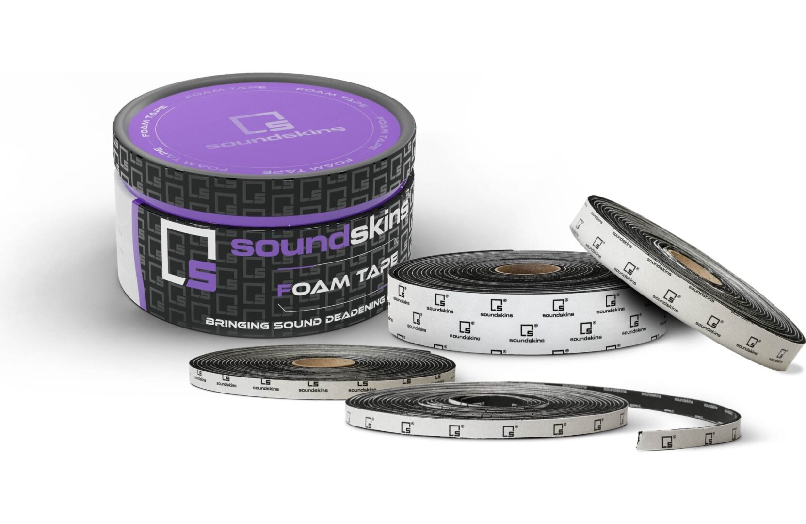Soundproof foam tape rolls on display.
