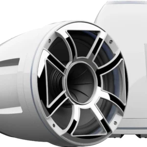 White marine speakers with sleek design.