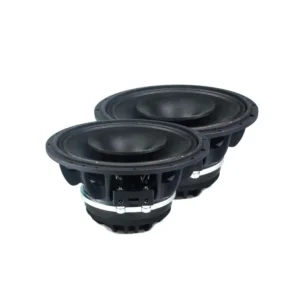 Two black car audio speakers, side view.