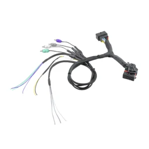 Car audio wiring harness with multiple connectors.