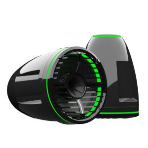 Futuristic black and green jet engine design.