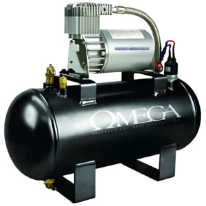 Black Omega air compressor with attached motor.