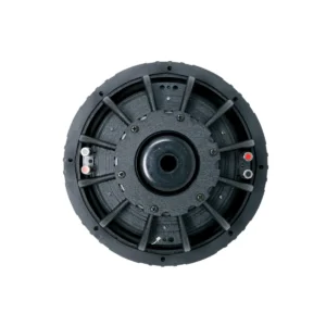 Round black speaker with visible components.