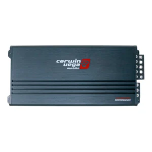 Car audio amplifier, black with logo.